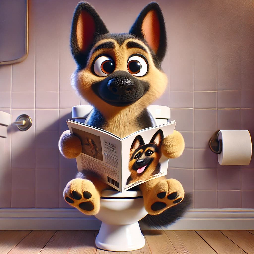 AI-generated 3D Pixar-style illustration of a German Shepherd sitting on a toilet reading a newspaper - DoodleDumper result